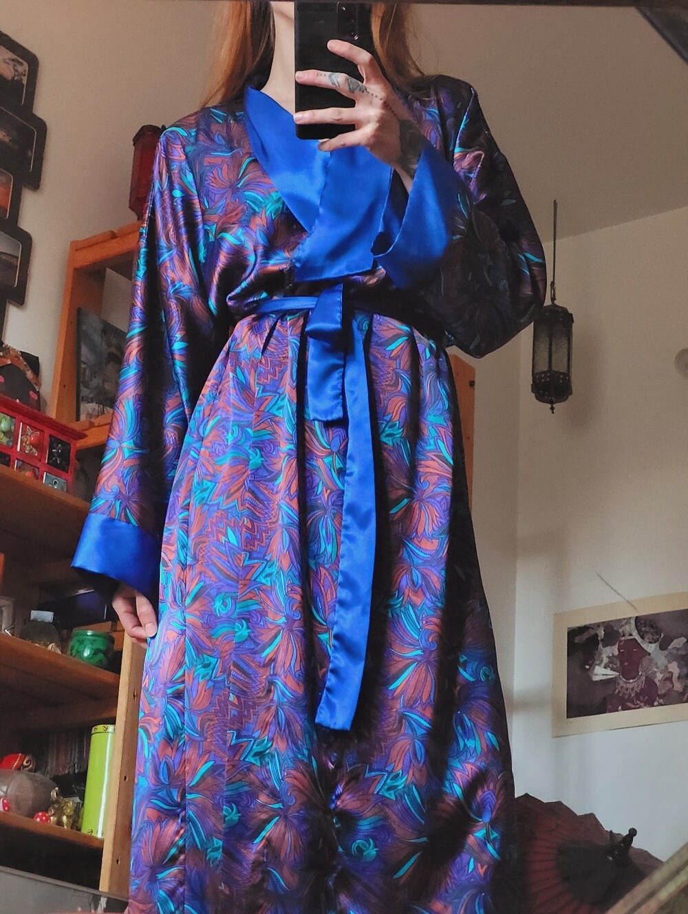 Diamond Tea Gown Vintage Silky Jewel Tone Floral Printed Long Robe - L